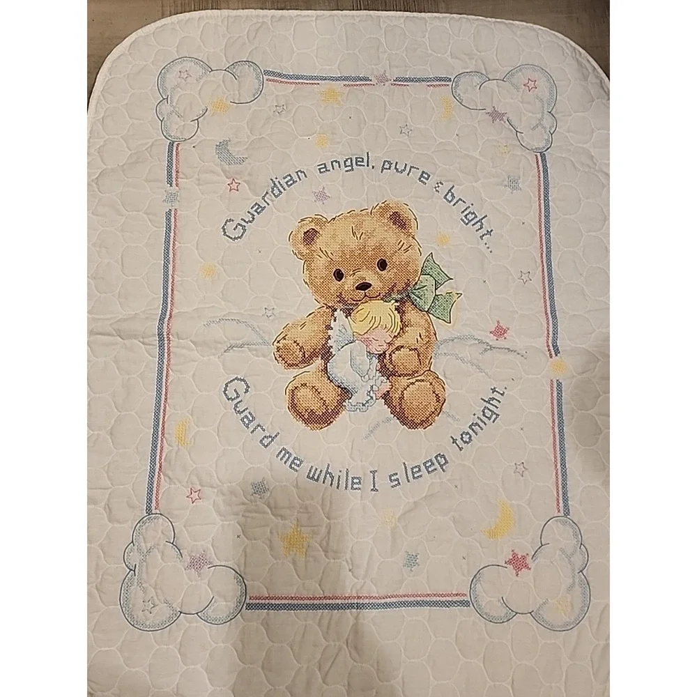 Handmade Cross Stitch Baby Blanket Bear & Guarding Angel Pastel Color  40"L X 29 - Picture 3 of 5